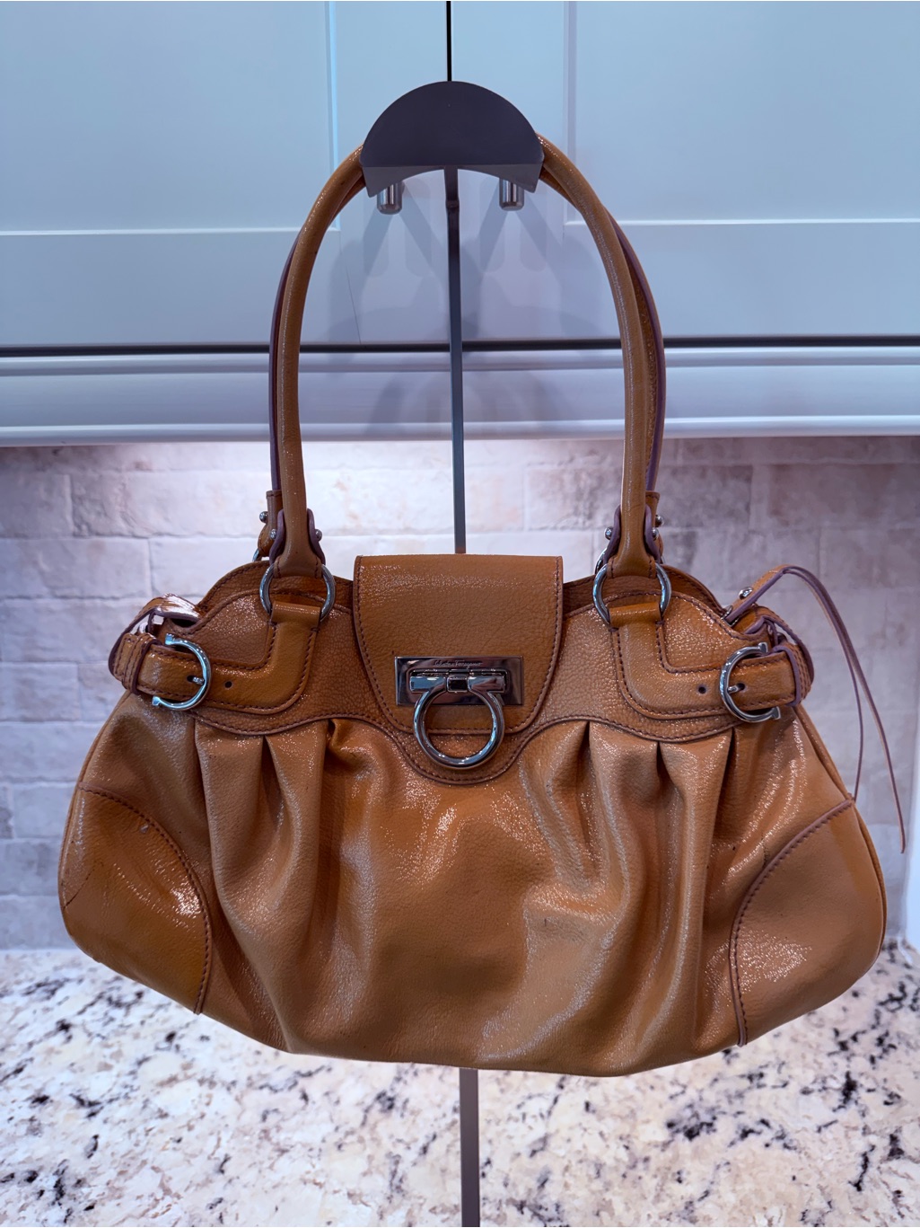 Salvatore Ferragamo Guc Tan/Mustard Patent Leather Shoulder Bag